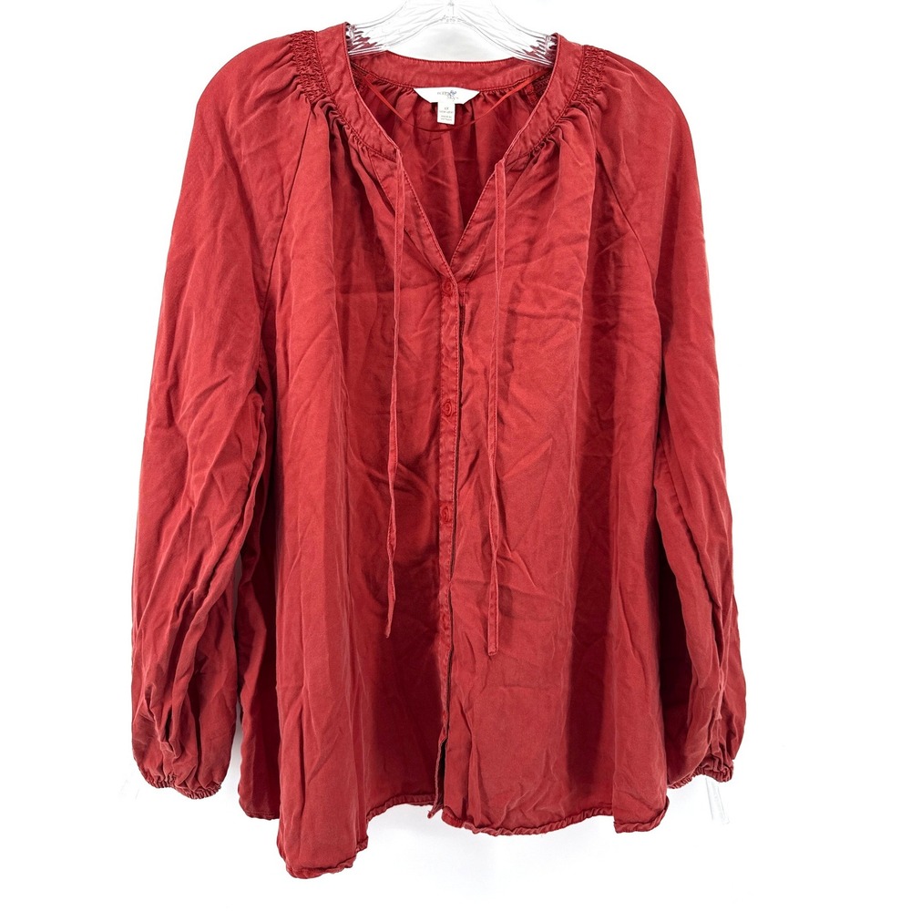 Terra & Sky Womens 1X Rust Red Lyocell Long Sleeve Peasant Blouse Button Front